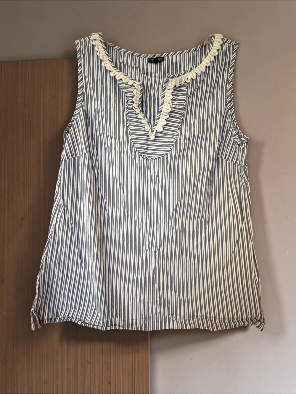 Talbots Blue and White Striped Sleeveless Ruffle-Trim Top